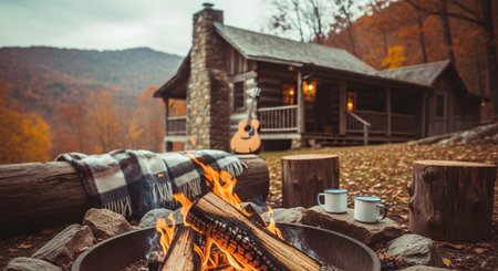 Camping in the woods with a bonfire and a plaid.の素材