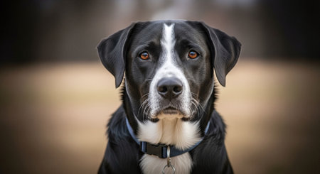 Portrait of a black and white mixed breed dog with blue eyesの素材