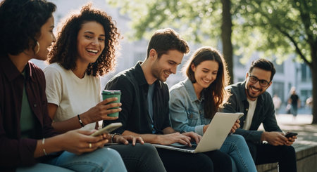 Group of multiethnic young people using gadgets and smiling while sitting outdoorsの素材