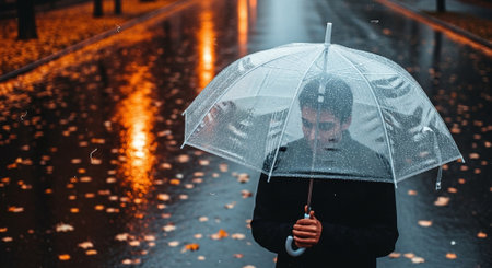 Young man with umbrella in rain. Rainy day in city.の素材