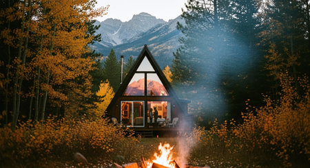 Mountain cabin in the middle of the forest with a bonfireの素材