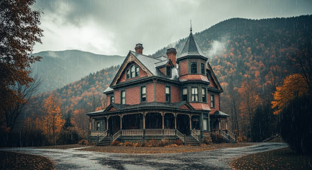 Beautiful autumn landscape with old wooden house in the mountains. Vintage style.の素材
