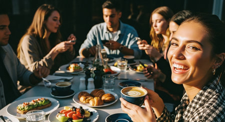 selective focus of smiling young woman holding cup of coffee and looking at camera in cafeの素材