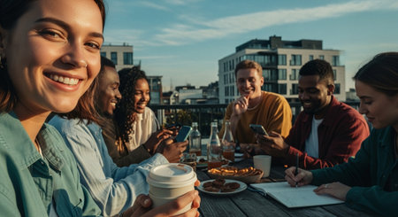 Group of happy young people having fun together while sitting at the table outdoors and drinking coffeeの素材