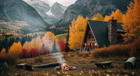 Beautiful autumn alpine landscape with wooden house and bonfire.の素材