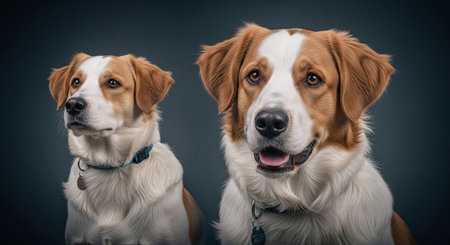 Portrait of two dogs on a dark background. Studio shot.の素材
