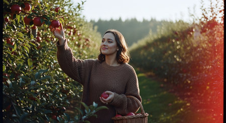 Young woman picking apples in her orchard on a sunny autumn dayの素材