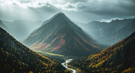 Panoramic view of autumn mountain landscape with colorful forest and roadの素材