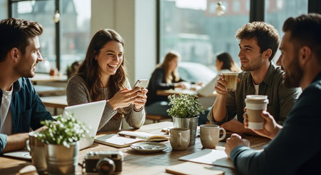 Happy group of young business people using mobile phone and drinking coffee in officeの素材