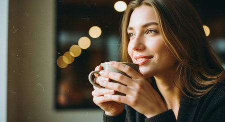 Beautiful young woman drinking coffee at the cafe in the morning.の素材