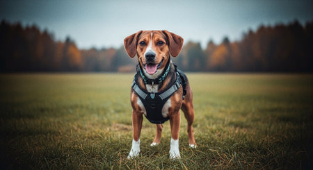 Portrait of a cute beagle dog standing in the field.の素材