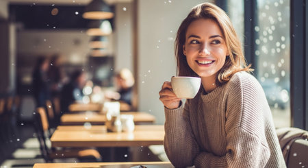 Beautiful young woman is drinking coffee and smiling while sitting in cafeの素材