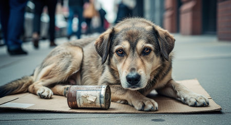 Homeless dog lying on the street with a tin can in his mouthの素材