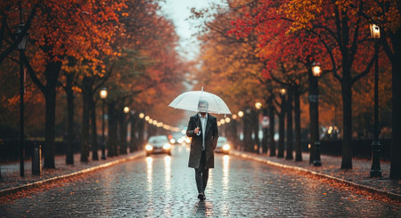 Young man in raincoat with umbrella walking on the rainy street.の素材