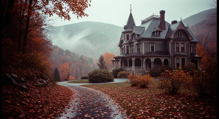 Autumn landscape with foggy forest and old house in the mountainsの素材