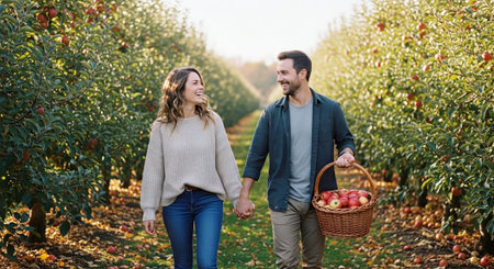 Portrait of happy young couple holding basket with apples in orchardの素材