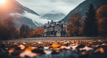 Beautiful autumn landscape in the mountains with a house in the foregroundの素材