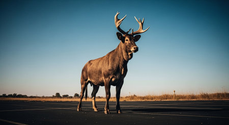 Elk standing in the middle of a road with blue sky.の素材