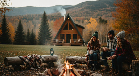 Group of friends sitting around bonfire in autumn forest. They are talking and drinking coffee.の素材