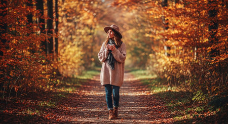 Beautiful girl in a hat and coat walks in the autumn forest.の素材