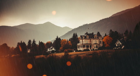 Beautiful autumn landscape in the mountains. Dramatic overcast sky.の素材