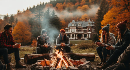 Group of friends sitting around bonfire in the autumn forest and drinking hot coffeeの素材