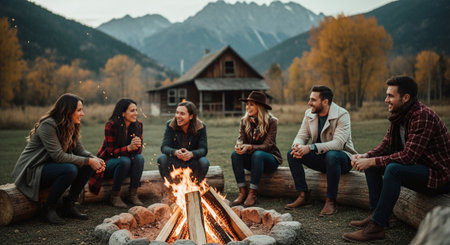 Group of friends sitting around a bonfire in the autumn forest.の素材
