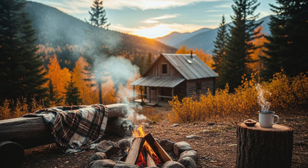 Cup of hot tea on a campfire in the mountains.の素材