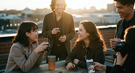 Group of happy young people having fun on the roof of a restaurantの素材