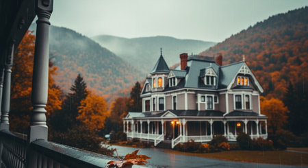 Beautiful view of the lake and the old house in autumn.の素材