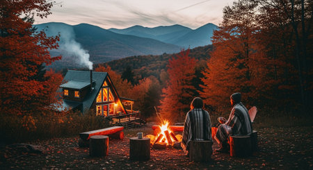 Couple sitting by the bonfire in the mountains and enjoying the view.の素材