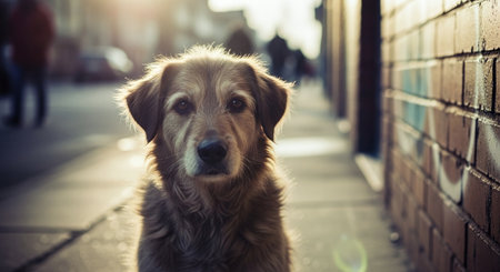 Portrait of a sad dog in the city. Selective focus.の素材