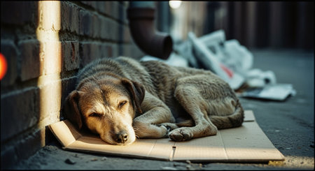 Homeless dog sleeping on the street. Homeless dog on the street.の素材