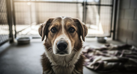 Portrait of a sad dog in an animal shelter waiting for adoptionの素材