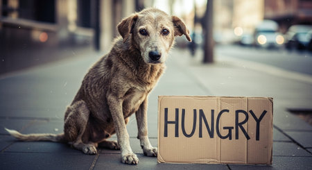 Homeless dog begging for food on the street. Homeless animals concept.の素材