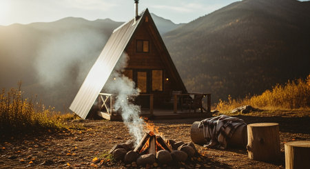 Camping in the mountains. Camping in the mountains. Wooden house.の素材