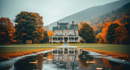 Autumn landscape with lake and old house in the middle of it.の素材