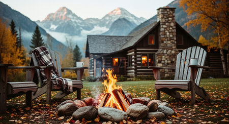 Camping in the mountains. Beautiful autumn landscape with a bonfire.の素材