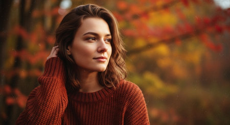 Portrait of a beautiful young woman in a red sweater on a background of autumn forestの素材