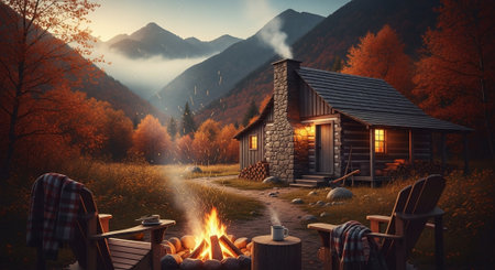 Wooden house in the mountains with fire in the foreground. 3d renderingの素材