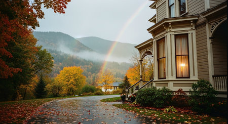 Autumn landscape with a rainbow over the house in the mountains.の素材
