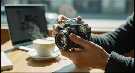 Cropped image of female photographer holding retro camera while working in cafeの素材