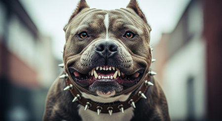 Portrait of american bully dog with mouth open and teeth sticking outの素材