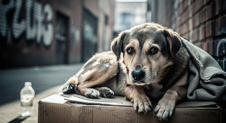 Homeless dog in a cardboard box on the street. Toned.の素材