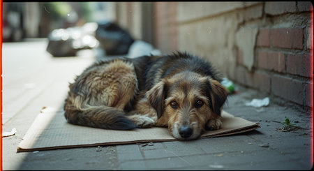 Homeless dog lying on the floor in the street. Selective focus.の素材