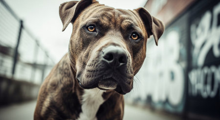 Portrait of a staffordshire bull terrier dog in the streetの素材
