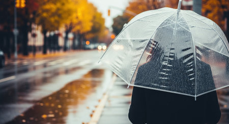 Woman in raincoat with umbrella on the street at rainy day.の素材