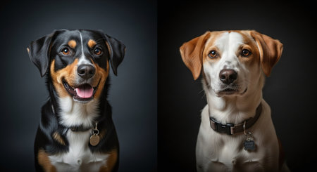 Two dogs on a black background. Portrait of a dog.の素材