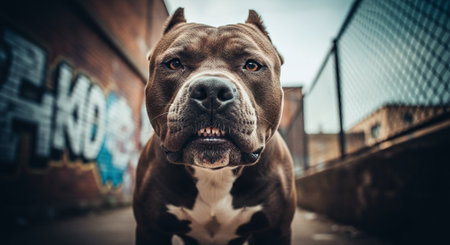 American Staffordshire Terrier dog in an urban setting. Selective focus.の素材