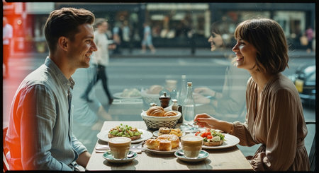 Young couple having breakfast in a cafe. They are looking at each other and smiling.の素材